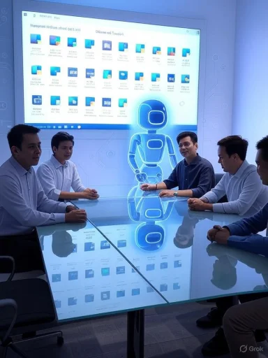 Team of professionals in a meeting around a glass table with a blue holographic robot projection.