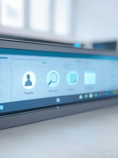 Close-up of a slim laptop screen displaying app icons, including the People icon.