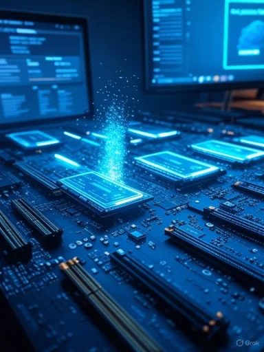 Blue-lit motherboard with glowing chips and a spray of spark-like particles rising from a processor.