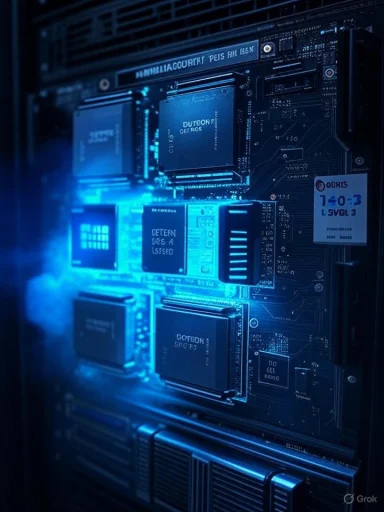 Close-up of a blue-lit server motherboard with multiple integrated circuits.