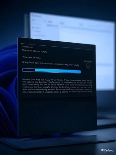 A dark install/update window with a blue progress bar on a laptop screen.