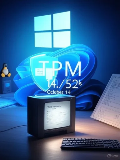 A retro desk setup with Windows 11 wallpaper and a TPM shield, a small CRT monitor, and a Linux penguin.
