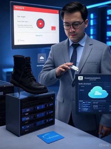 Suited professional in a data center examines a card beside server racks and cloud dashboards.