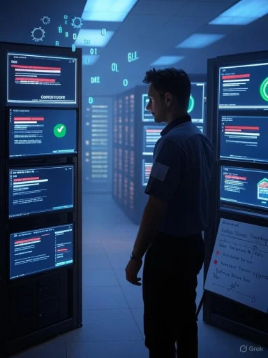 A technician stands in a blue-lit data center, facing glowing server screens.