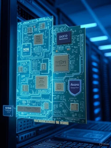 A glowing blue circuit board mounted in a server rack.