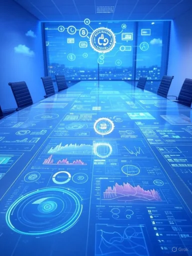Futuristic boardroom with holographic data dashboards projected across a glass conference table.