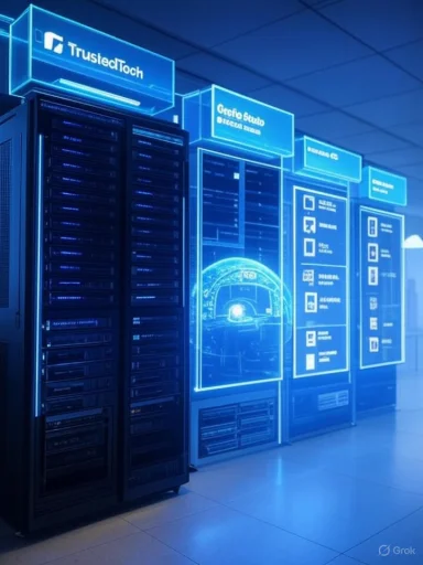 A futuristic data center with blue neon-lit server racks and holographic display panels.