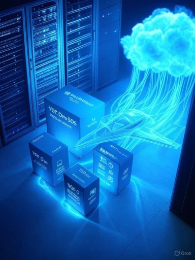 A futuristic data center with blue-lit servers, cables, and a glowing cloud graphic.