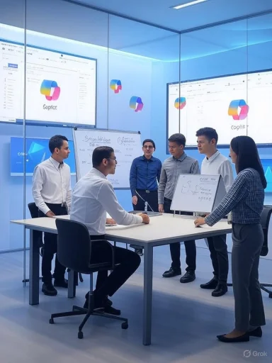 A business team collaborates in a glass-walled meeting room, presenting ideas on a whiteboard.