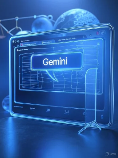 A glowing blue holographic screen displays “Gemini” in a speech bubble.