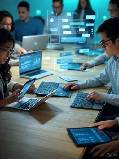 Tech team collaborates around a table with laptops and tablets, while a holographic UI floats nearby.