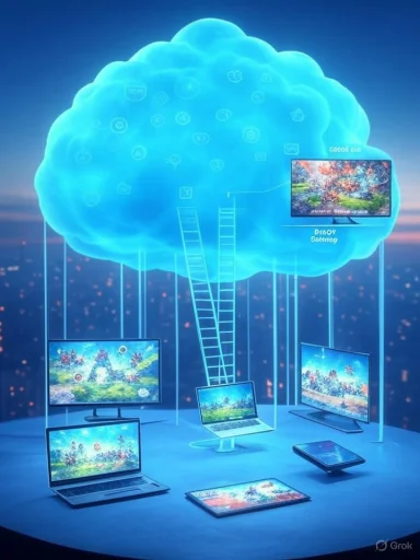 Cloud gaming hub: devices connected to a glowing cloud streaming games.