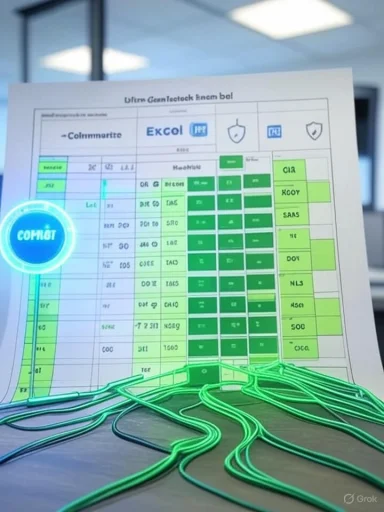 Color-coded spreadsheet diagram with neon-green wires and a glowing blue circular badge.