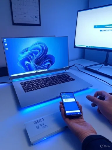 Blue-lit desk setup with a MacBook, an external monitor, and a person using a smartphone.