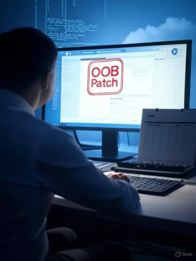 A person at a desk in a blue-lit office watches a monitor displaying an OOB Patch logo.