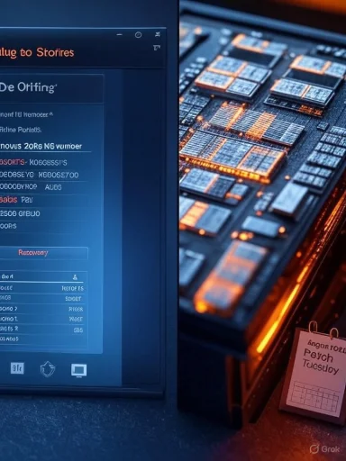 Split view: a blue-lit UI on the left and a glowing orange server board on the right.