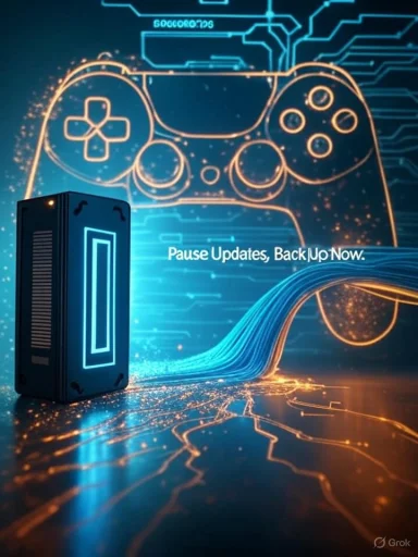 Blue-lit game device in front of a neon circuit backdrop with a controller outline and Pause Updates, Back Up Now.