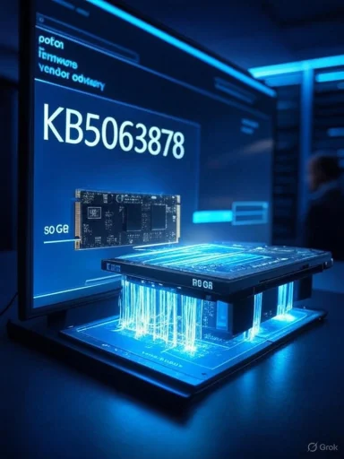 Blue holographic tech display showing a microchip hovering over a glowing data module.