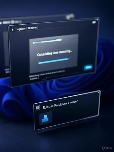 A dark software update dialog with a progress bar and floating UI cards on a blue backdrop.