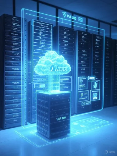 A futuristic data center with a neon blue holographic cloud hovering above server racks.