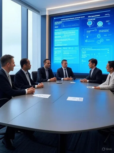 A group of professionals in suits sit around a boardroom table, facing a large blue data display.