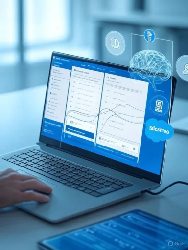 Laptop screen shows data charts with a holographic brain and AI icons.