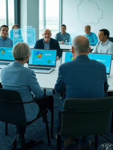 Professionals gather for a business meeting around a table with laptops displaying charts.