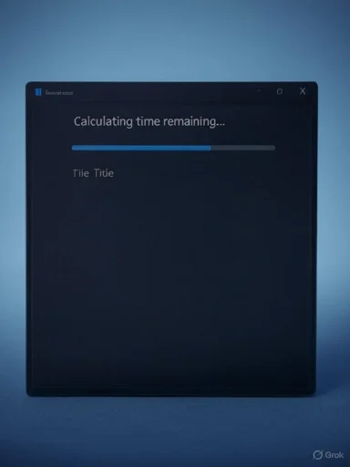A dark tablet displays a 'Calculating time remaining...' progress window with a blue loading bar.