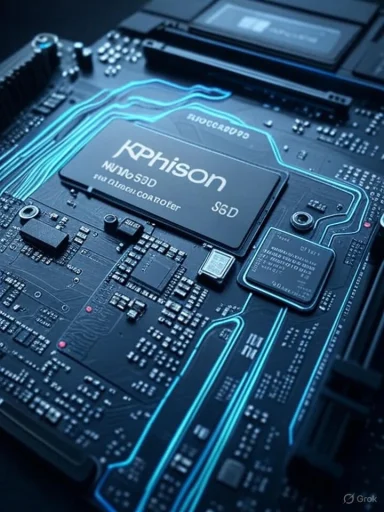 Close-up of a blue-lit PCB featuring a Phison SSD controller chip.