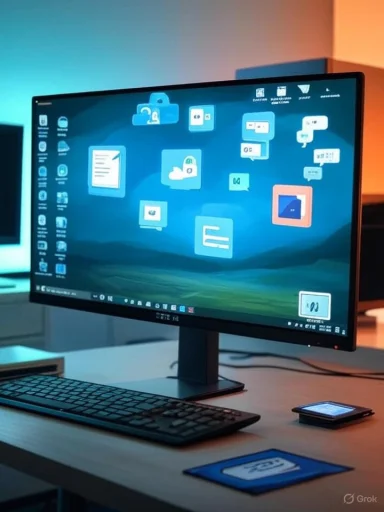 A sleek desk setup with a large monitor displaying blue app icons and teal ambient lighting.
