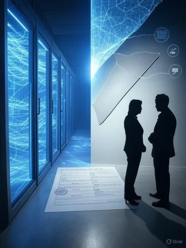 Two silhouettes face each other in a blue-lit data center beside a holographic data map.