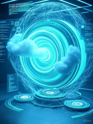 A futuristic holographic portal of neon blue rings with floating clouds.