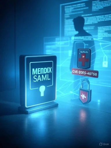 A glowing security display featuring Mendix SAML lock and floating CVE badge.