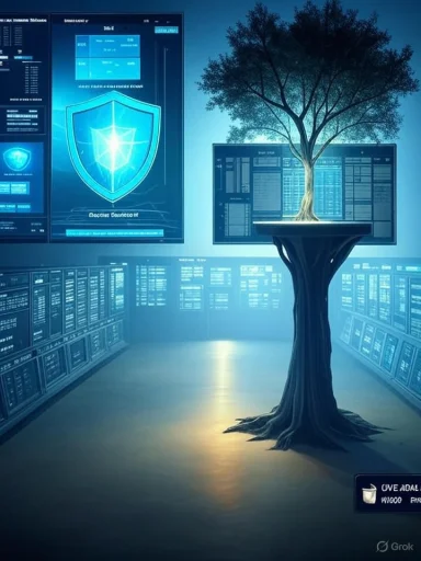 A lone tree grows from a high-tech data center, surrounded by glowing screens.