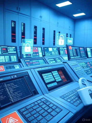 Futuristic blue data center with rows of control panels and digital lock icons.