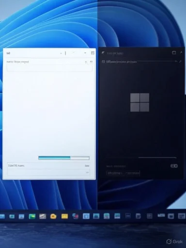 Two windows open side by side on a laptop: a light progress dialog and a dark Windows startup screen.