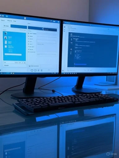 Dual monitor computer workstation with a keyboard on a glass desk, blue ambient lighting, and screen reflections.