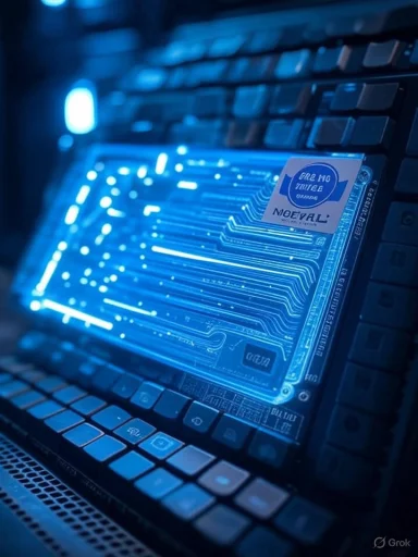 Blue neon-lit circuit board module glows inside a computer, with a keyboard in the background.