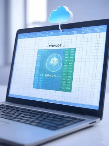 A laptop screen shows a blue grid layout with a poster design and a cloud icon floating above.