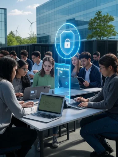 Students work on laptops around a table under a glowing holographic security shield.