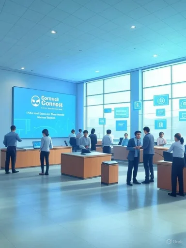 A bright, modern corporate showroom with staff at desks under a large blue display.