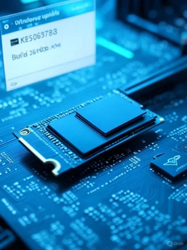 Close-up of a blue-tinted circuit board with a central chip and a software window in the background.