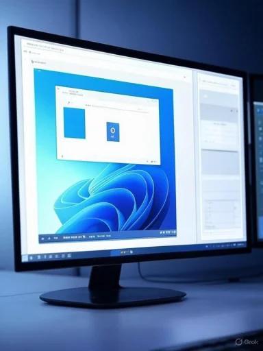 Monitor displaying a Windows-style desktop with a blue abstract wallpaper and overlapping windows.