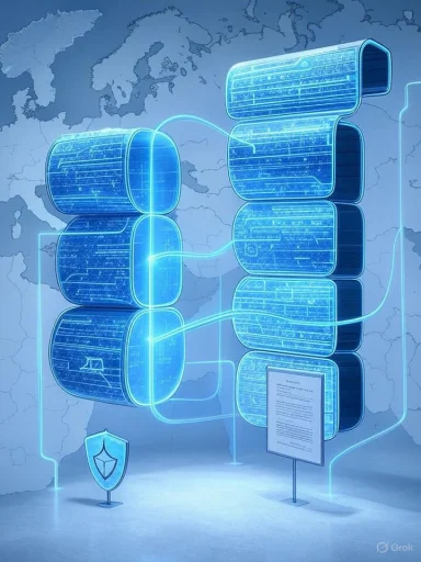 Futuristic holographic data stacks linked across a digital globe, safeguarded by a shield.