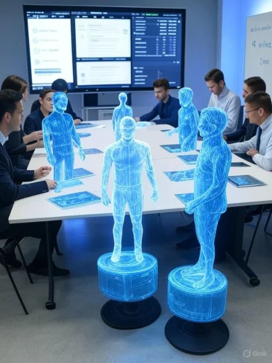 Business meeting featuring blue holographic human figures standing on pedestals around a conference table.