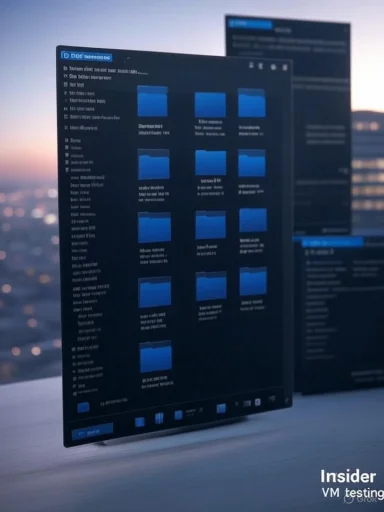 A sleek dark-mode monitor displays blue folder icons, set against a blurred cityscape at dusk.