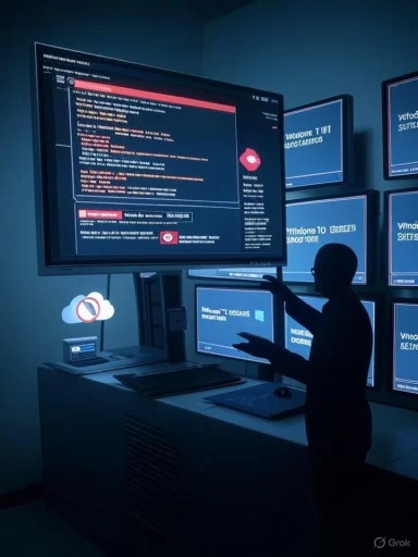 A silhouette works in a dim room surrounded by multiple screens displaying code and data.