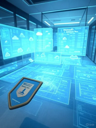 A futuristic data center with glowing blue holographic screens and a shield emblem.