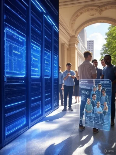 People stand by neon-blue server racks outside an arch, looking at a translucent group portrait.