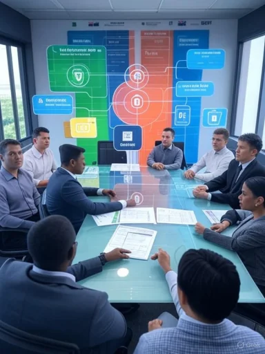 A diverse team of professionals meets around a glass conference table in a modern, colorful boardroom.